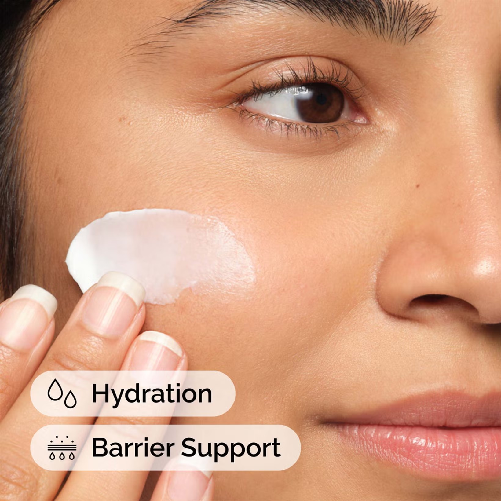 Close-up of a person applying cream to their face with text 'Hydration' and 'Barrier Support'. Monza fashion outlet, monza outlet, shein outlet, shien outlet cosmetics, makeup, perfume