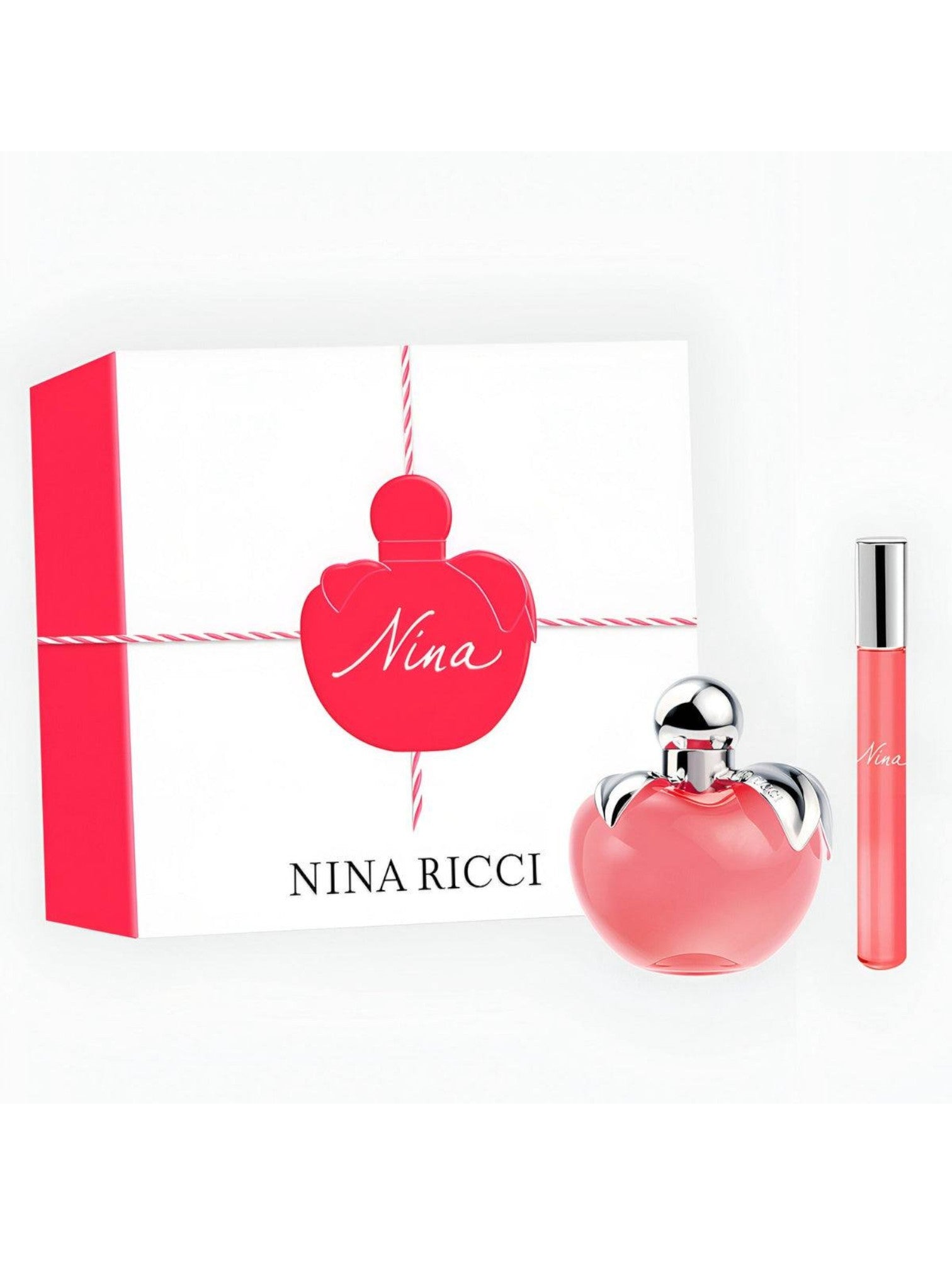 Nina Ricci perfume set with pink bottle and red packaging on a white background. Nina Ricci, Monza Outlet, Monza Fashion, Shein Outlet