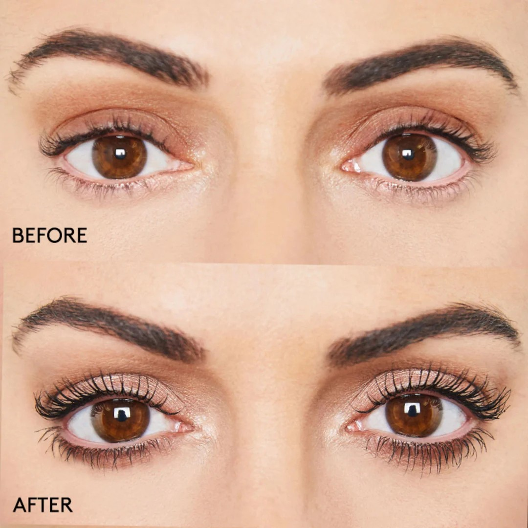 Before and after comparison of eye makeup application on a person's face.