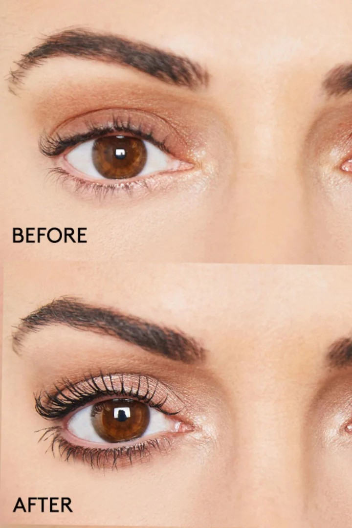 Before and after comparison of eye makeup application on a person's face.