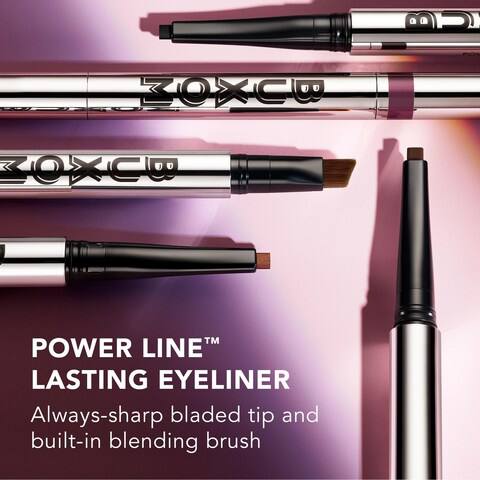 ZOXCW Power Line Lasting Eyeliner with bladed tip and blending brush on a pink and purple gradient background. Monza fashion outlet, monza outlet, shein outlet, shien outlet cosmetics, makeup, perfume