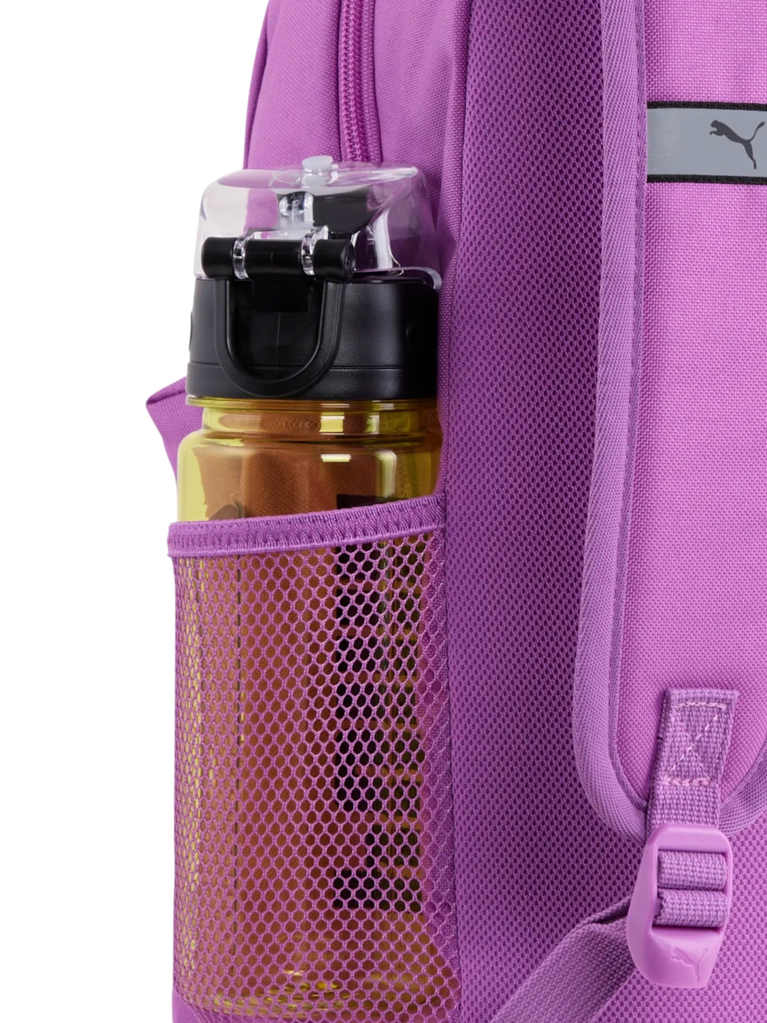 Purple backpack with a water bottle in a mesh pocket, featuring a Puma logo. Puma, Monza Outlet, Monza Fashion, Shein Outlet