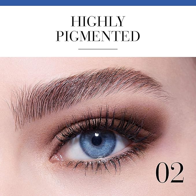 Close-up of an eye with blue iris and brown eyeliner, labeled 'Highly Pigmented 02'. Monza outlet, monza fashion, shein outlet, shien outlet