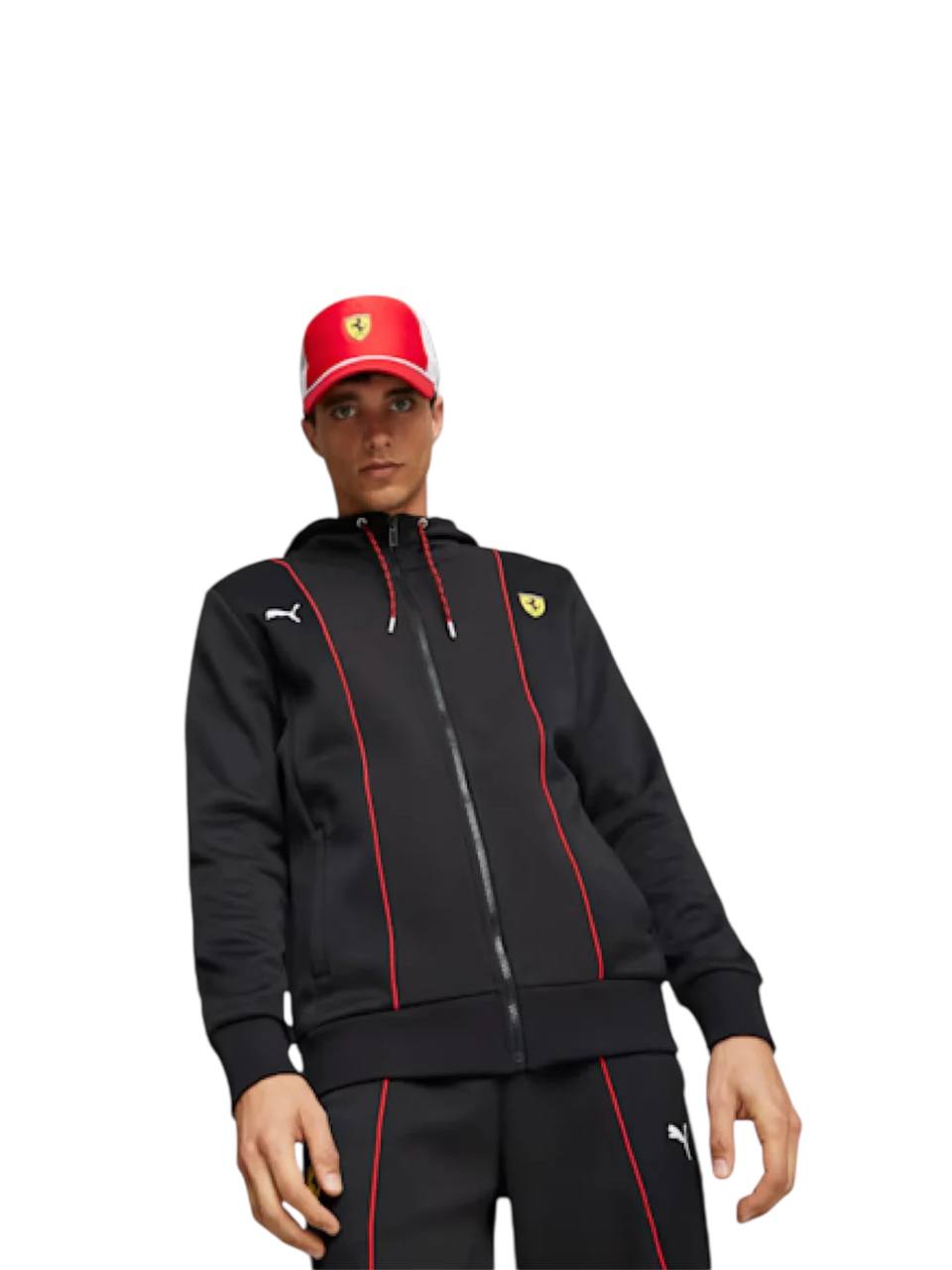 Person wearing a black tracksuit with red accents and a red cap featuring a logo, on a white background. monza outlet, Shein outlet, monza fashion