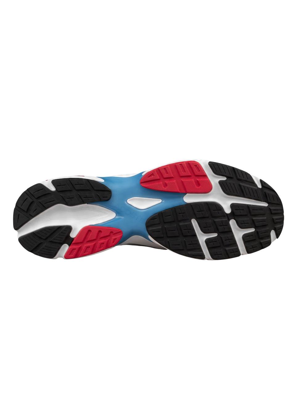 Sole of a running shoe with black, blue, and red design on a white background Lacoste Monza Outlet