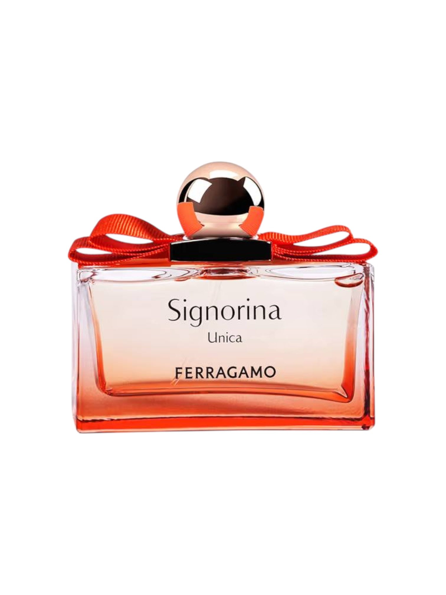 Ferragamo Signorina Unica perfume bottle with red ribbon on a white background. Ferragamo, Monza Outlet, Monza Fashion, Shein Outlet