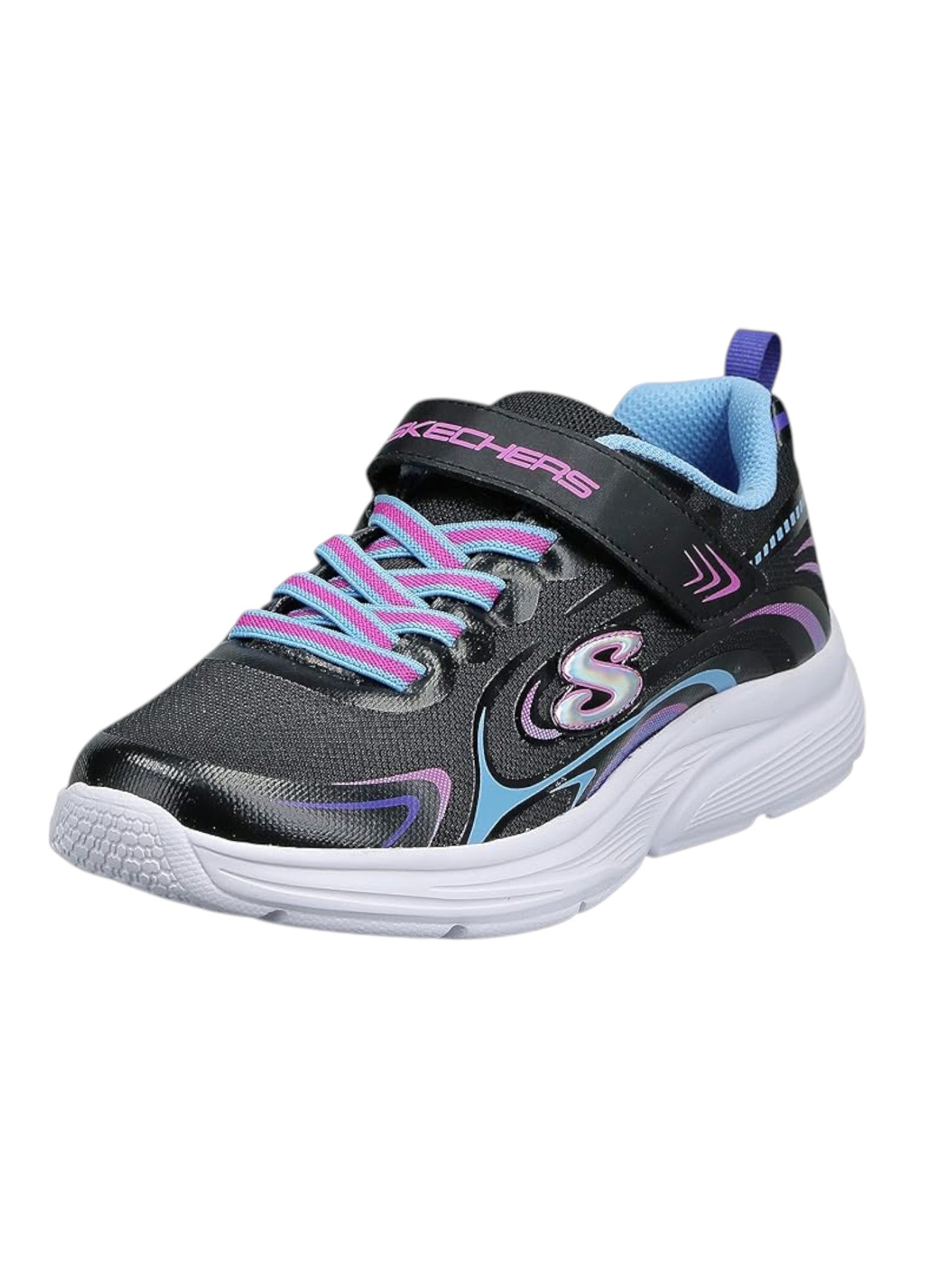 Black and gray sneaker with pink and blue accents on a white background. Skechers, Monza Outlet, Monza Fashion, Shein Outlet