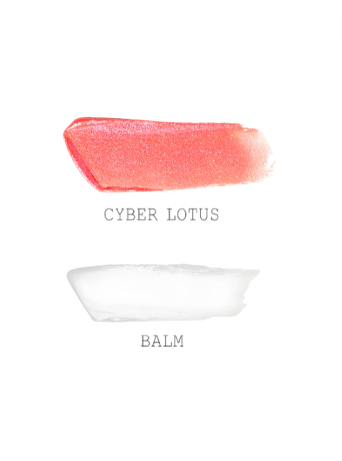 Cosmetic balm with a swatch labeled Cyber Lotus on a white background. Pat McGrath Labs Monza Outlet