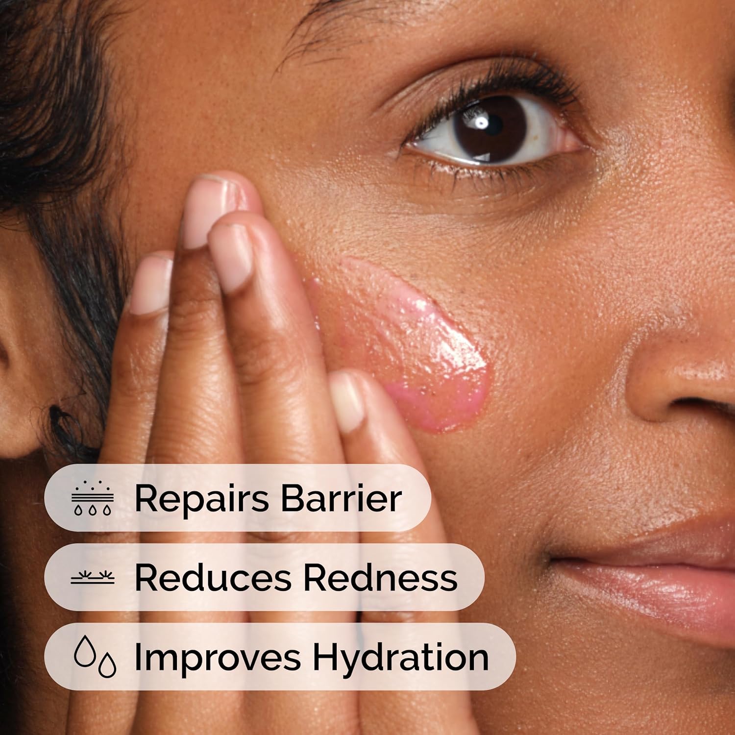 Woman applying a skincare product to her face with text indicating benefits Monza fashion outlet, monza outlet, shein outlet, shien outlet cosmetics, makeup, perfume