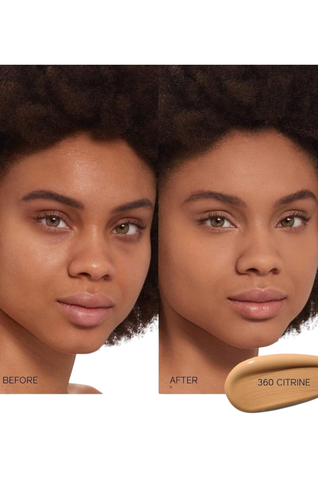 Before and after comparison of a woman's face with a foundation sample labeled '360 Citrine'. Shiseido, Monza Outlet, Monza Fashion, Shein Outlet