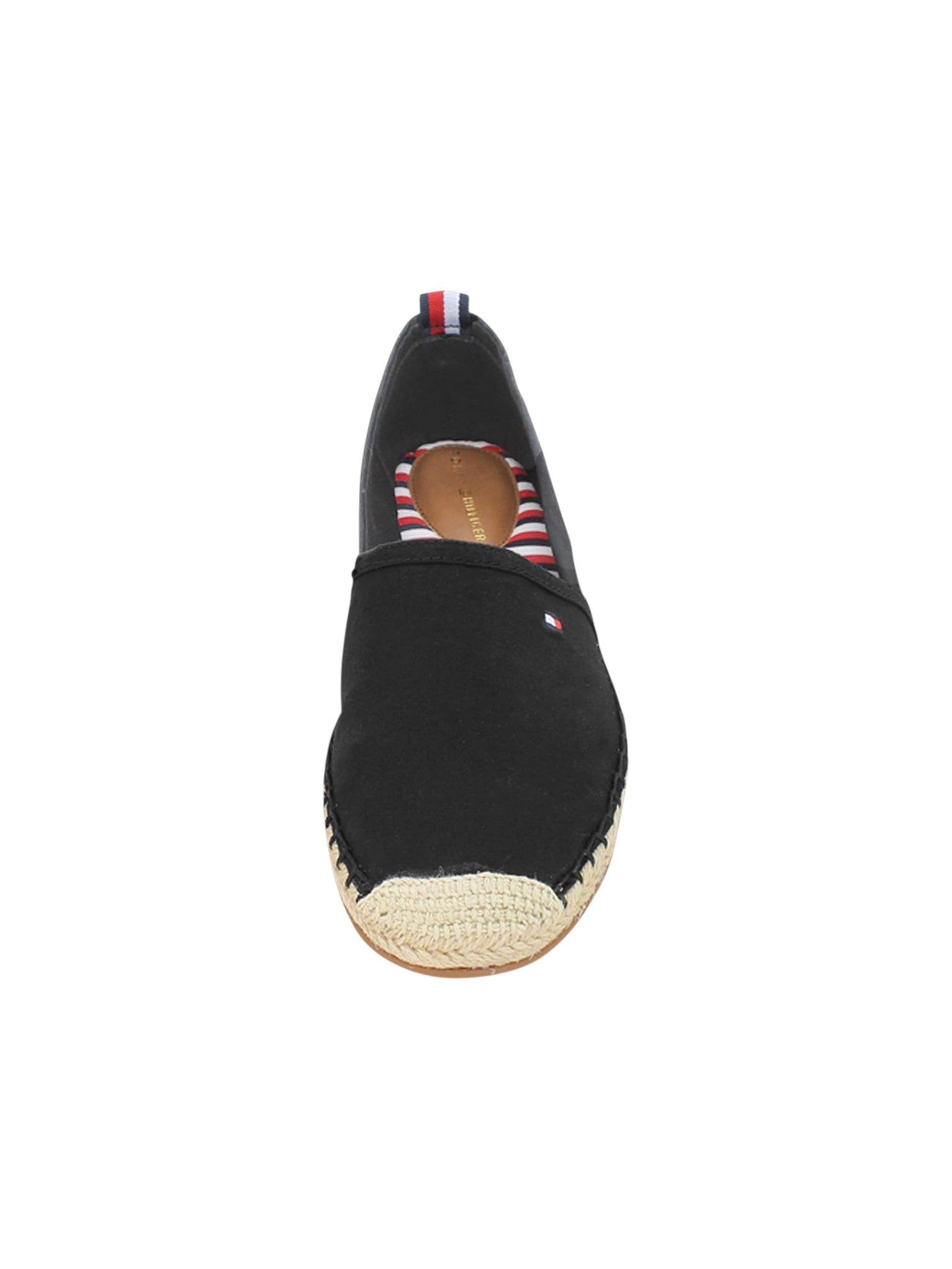 A single black slip on espadrille shoe with a braided jute sole and a red, white, and blue striped pull tab, shown from a top down view on a white background. Tommy Hilfiger, Monza Outlet, Monza Fashion, Shein Outlet