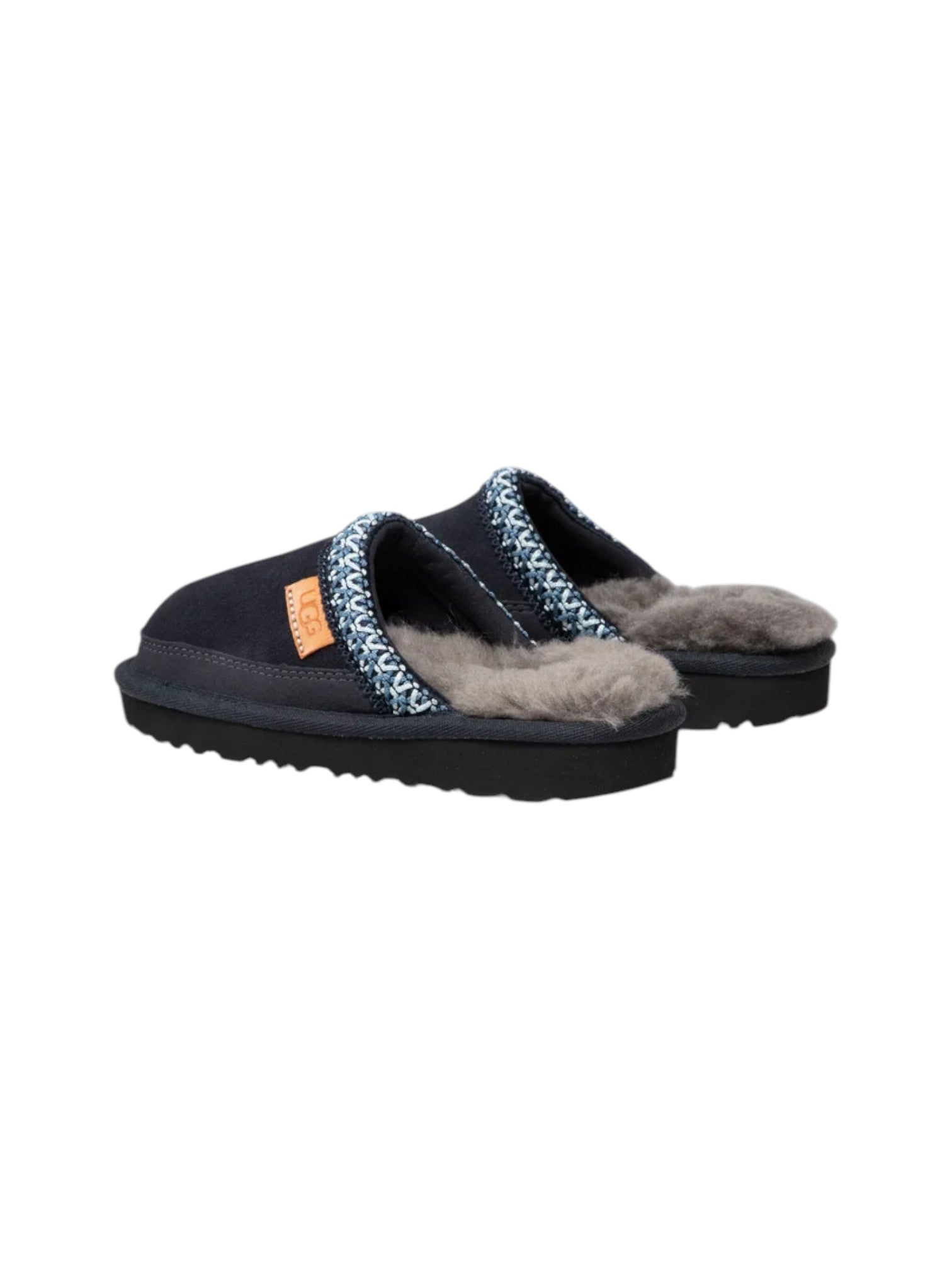 Pair of black slippers with gray fur lining on a white background. UGG, Monza Outlet, Monza Fashion, Shein Outlet