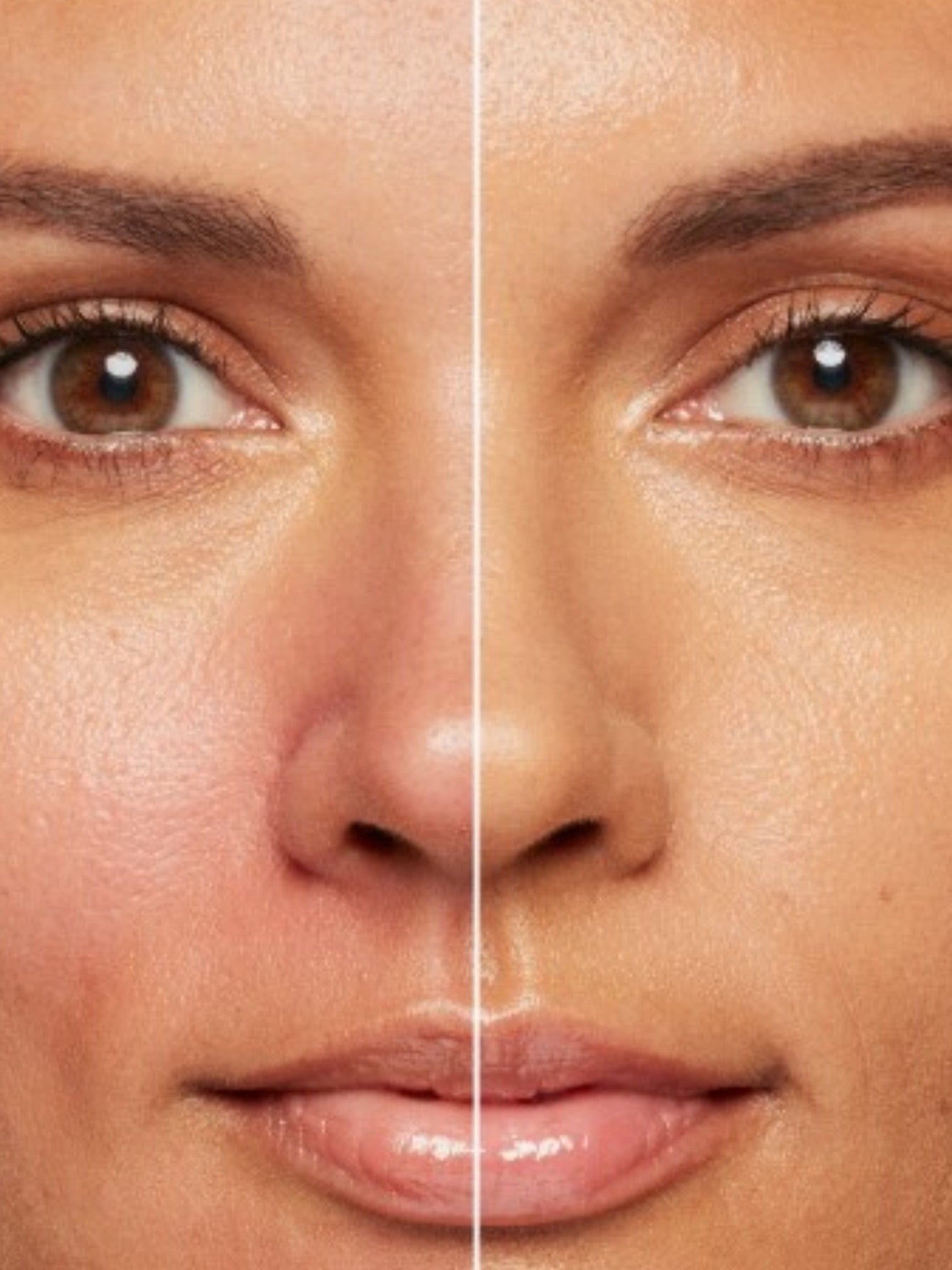Side-by-side comparison of a woman's face with and without makeup. Bobbi Brown, Monza Outlet, Monza Fashion, Shein Outlet