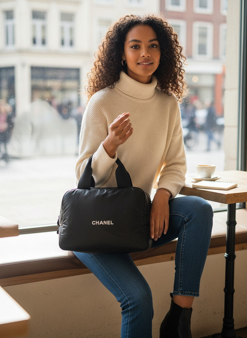 Woman holding a Chanel black bag in an urban setting. Chanel, Monza Outlet, Monza Fashion, Shein Outlet