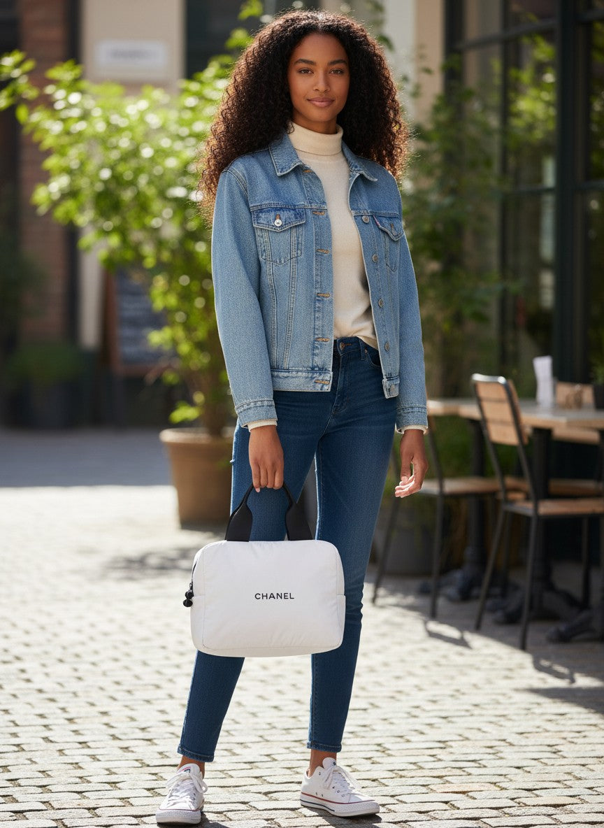Woman holding a Chanel handbag outdoors on a sunny day. Chanel, Monza Outlet, Monza Fashion, Shein Outlet