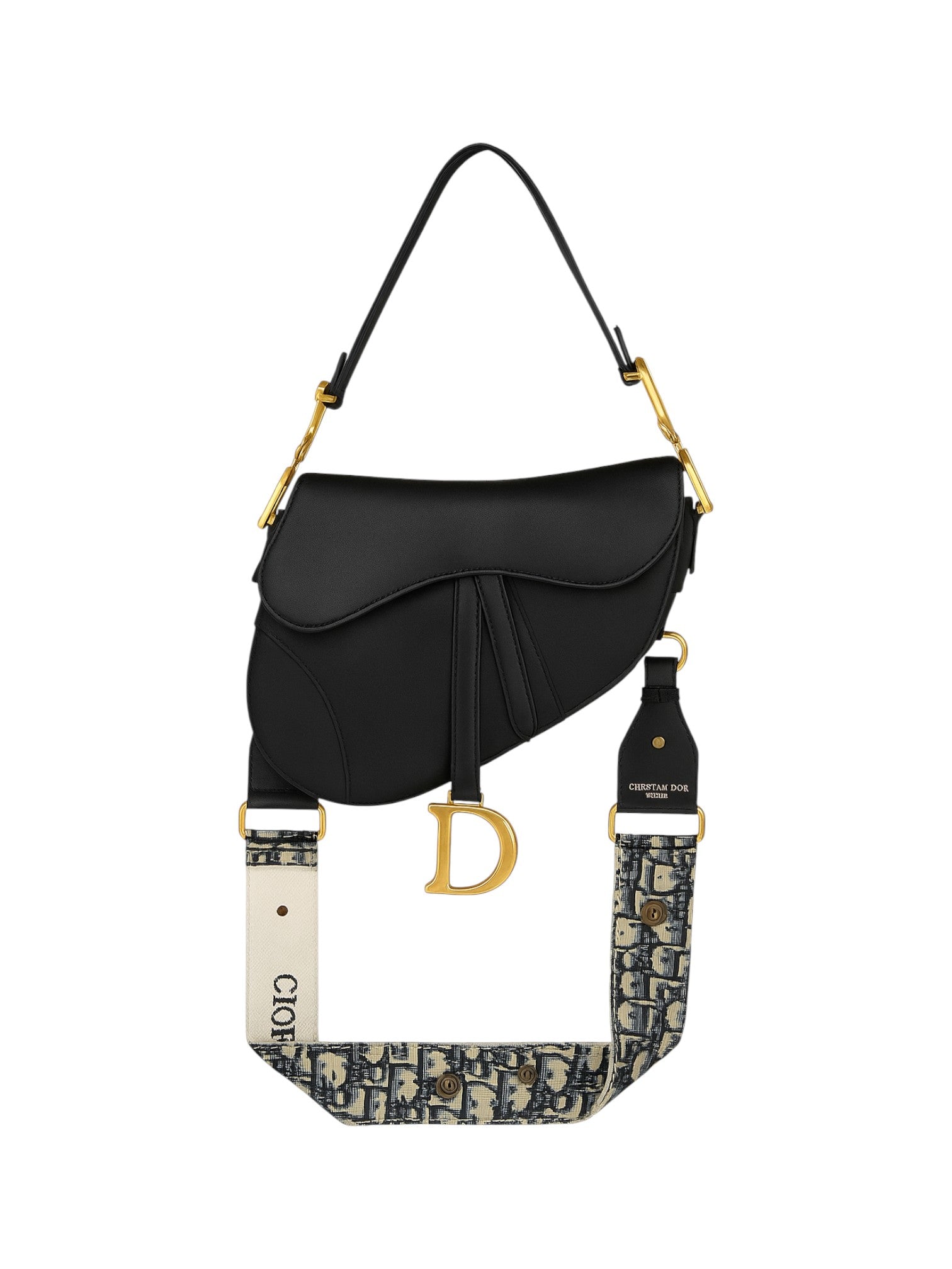 Black handbag with gold accents and a patterned strap on a white background monza outlet, Shein outlet, monza fashion