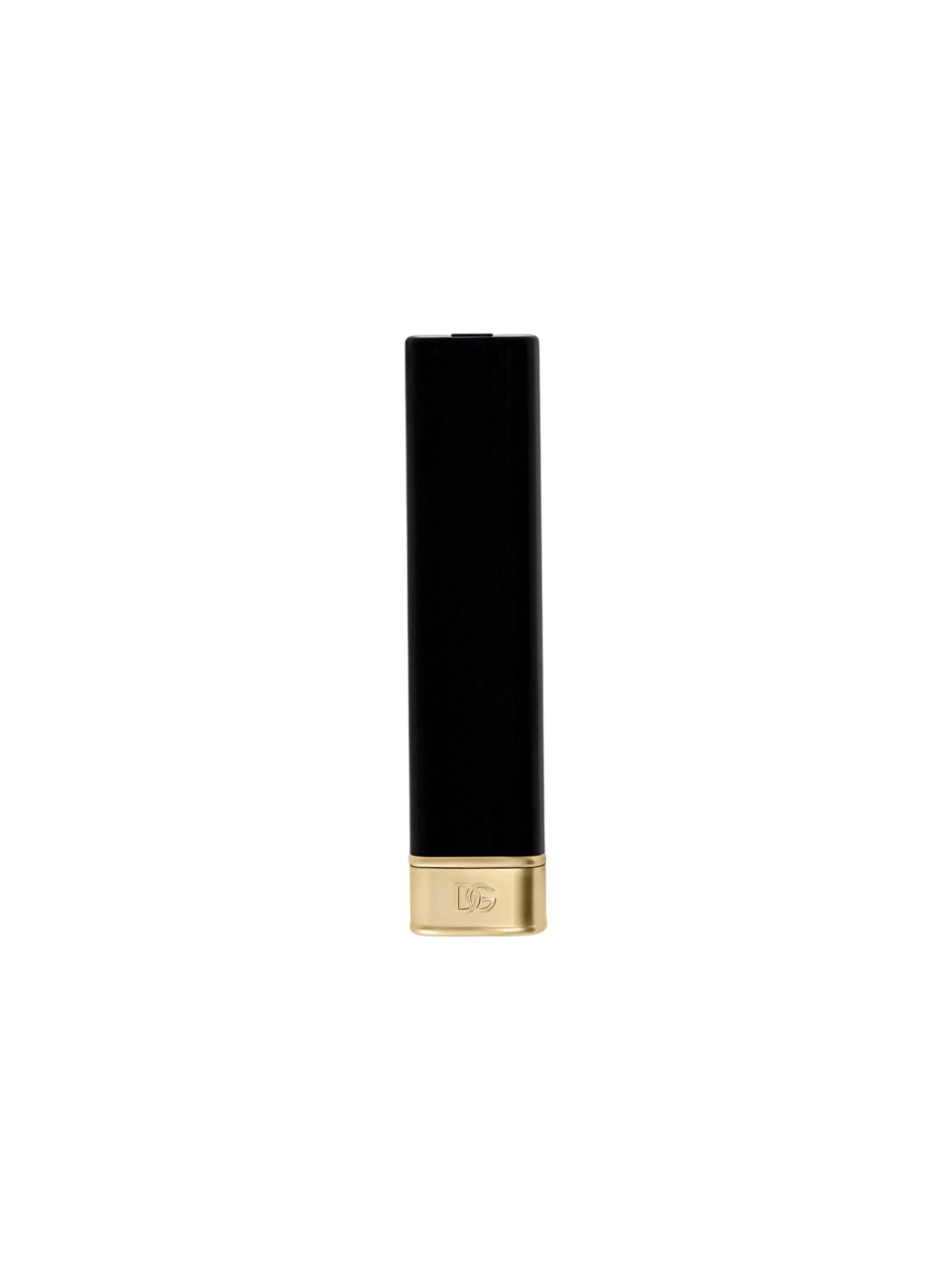A slim black cosmetic tube with a polished gold base, featuring a small embossed logo, centered on a plain white background. Dolce and Gabanna, Monza Outlet, Monza Fashion, Shein Outlet