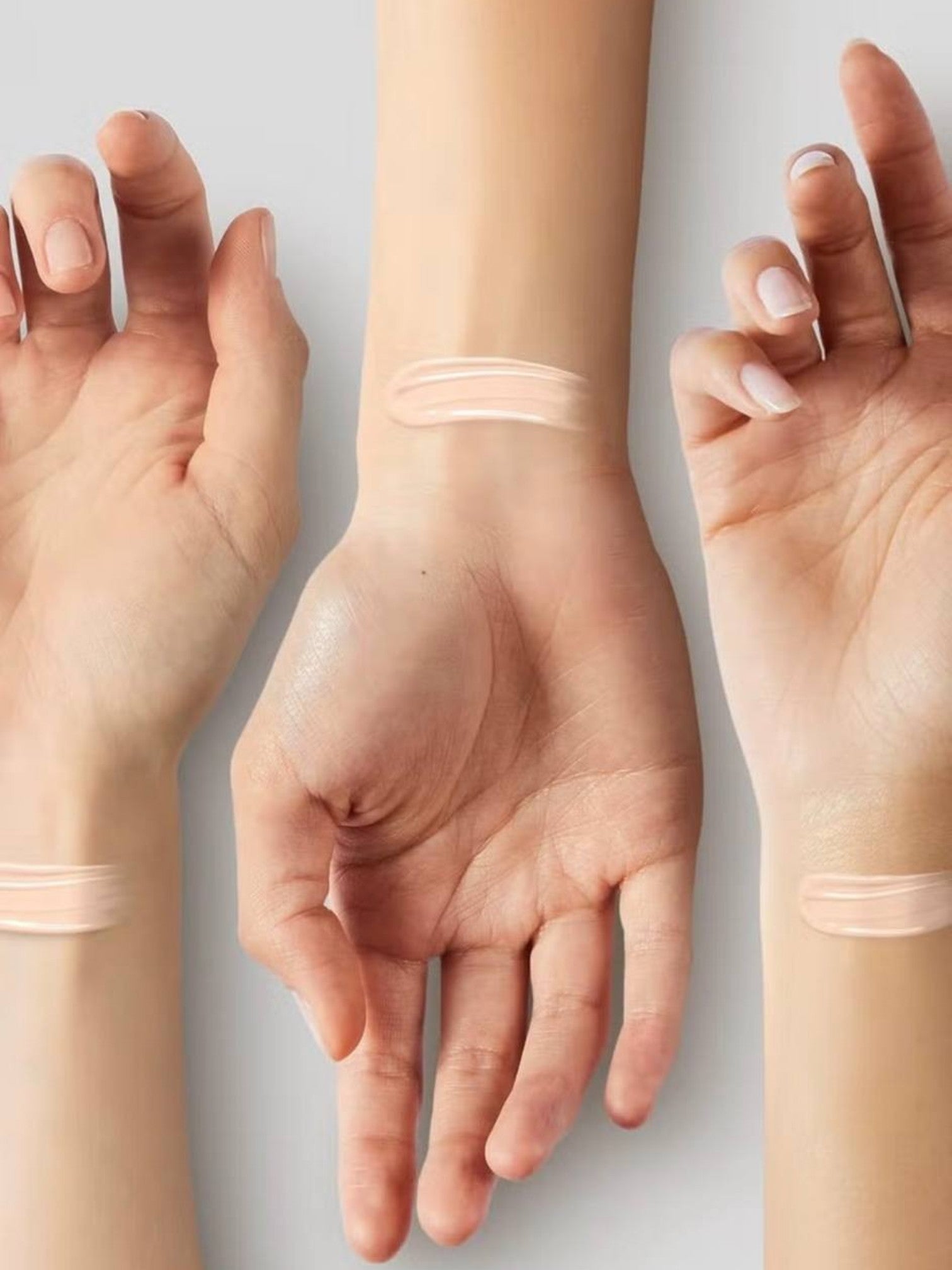 Three hands with transparent adhesive strips on a light background. Estée Lauder, Monza Outlet, Monza Fashion, Shein Outlet