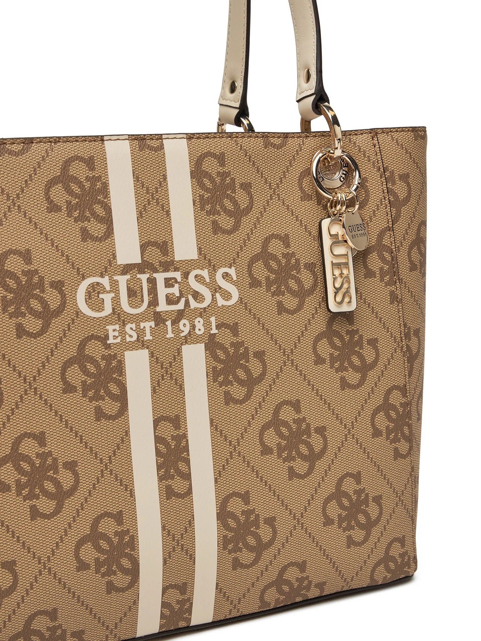 Beige handbag with Guess logo and branding on a white background. Guess, Monza Outlet, Monza Fashion, Shein Outlet