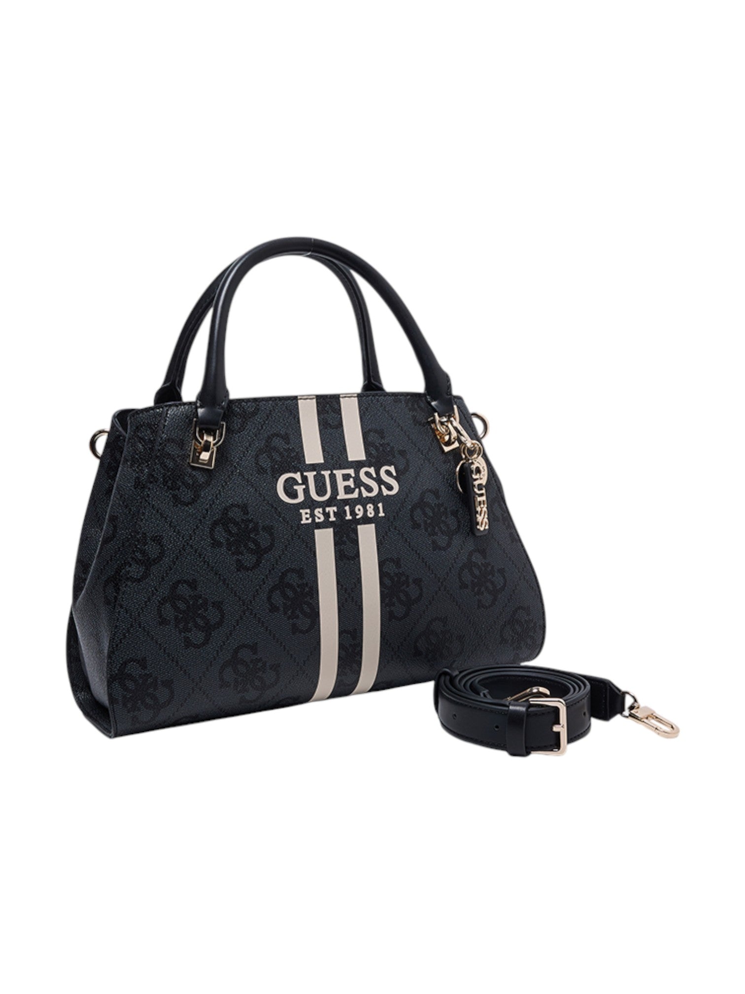 Black handbag with Guess logo on a white background. Guess, Monza Outlet, Monza Fashion, Shein Outlet