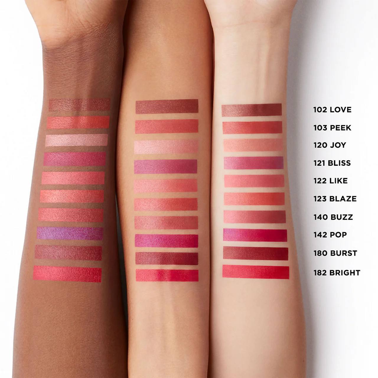 Lipstick swatches on three different skin tones with color names listed to the right. Monza fashion outlet, monza outlet, shein outlet, shien outlet cosmetics, makeup, perfume