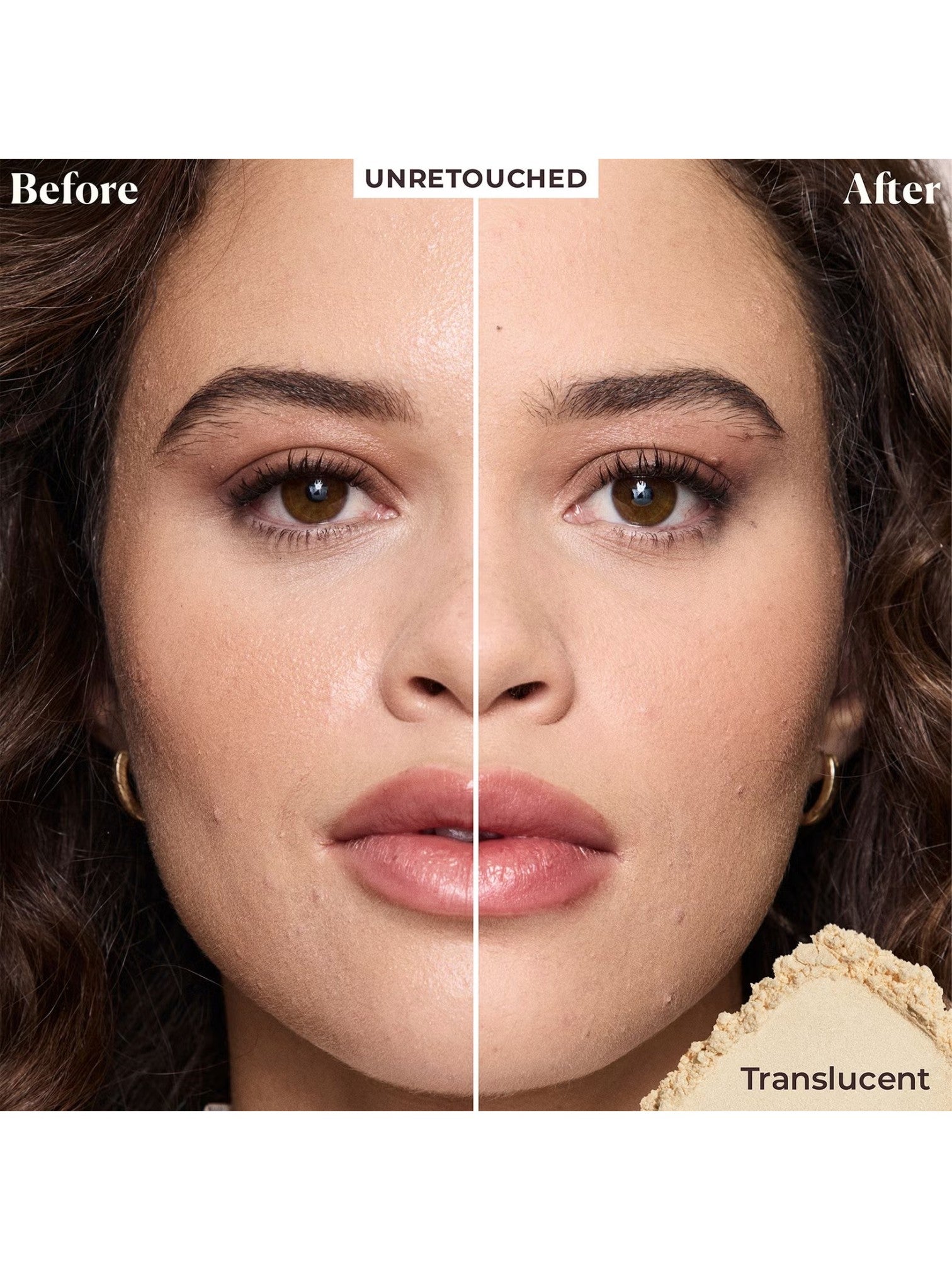 Before and after comparison of a woman's face with makeup application stages. laura_mercier, Monza Outlet, Monza Fashion, Shein Outlet