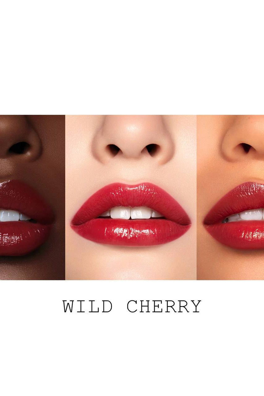Three lip shades shown on different skin tones with the label Wild Cherry. Monza Outlet