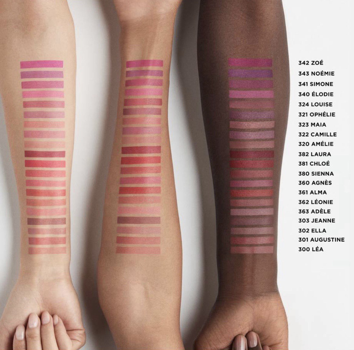 Three arms with swatches of pink and red makeup on a white background Monza fashion outlet, monza outlet, shein outlet, shien outlet cosmetics, makeup, perfume