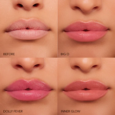 Lip color comparison chart with 'Before', 'Big O', 'Dolly Fever', and 'Inner Glow' labels. Monza fashion outlet, monza outlet, shein outlet, shien outlet cosmetics, makeup, perfume