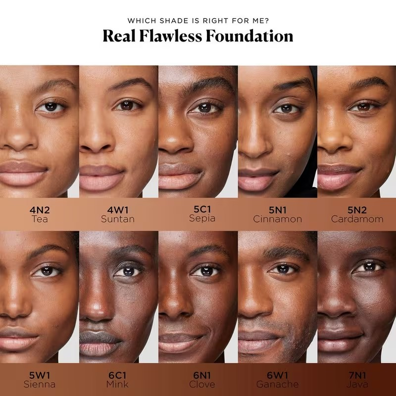 Real Flawless Foundation shade chart with model faces and foundation swatches. Monza fashion outlet, monza outlet, shein outlet, shien outlet cosmetics, makeup, perfume