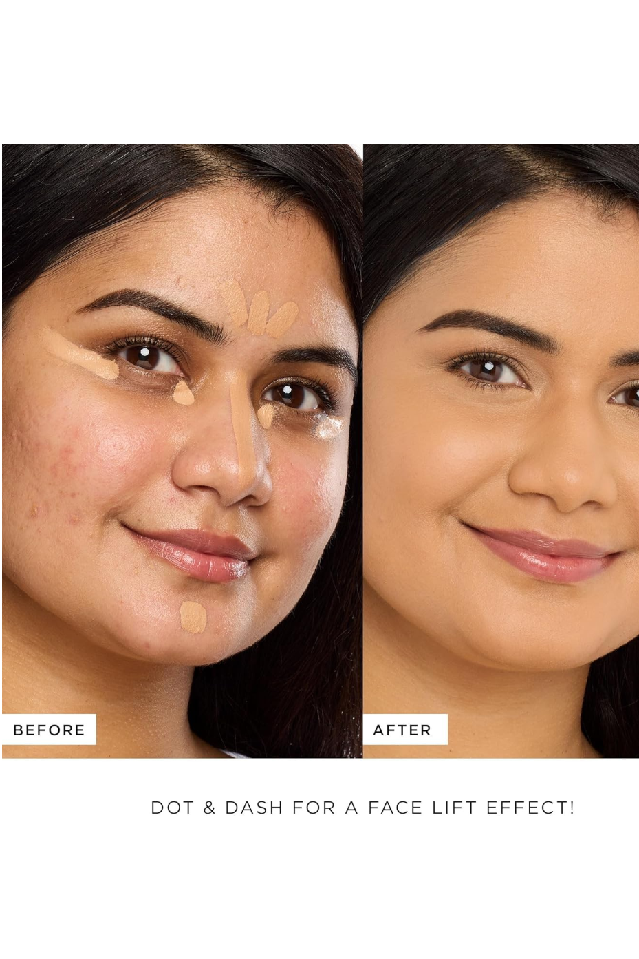 Before and after comparison of a woman's face with concealer application, featuring Dot & Dash brand. Monza fashion outlet, monza outlet, shein outlet, shien outlet cosmetics, makeup, perfume