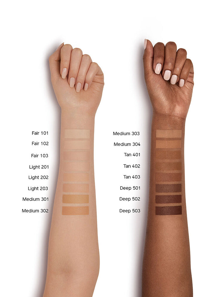 Two arms with swatches labeled from Fair 101 to Deep 503 on a white background. Monza outlet, monza fashion, shein outlet, shien outlet