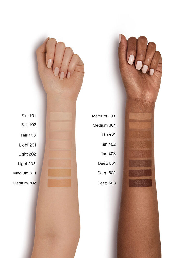 Two arms with swatches labeled from Fair 101 to Deep 503 on a white background. Monza outlet, monza fashion, shein outlet, shien outlet