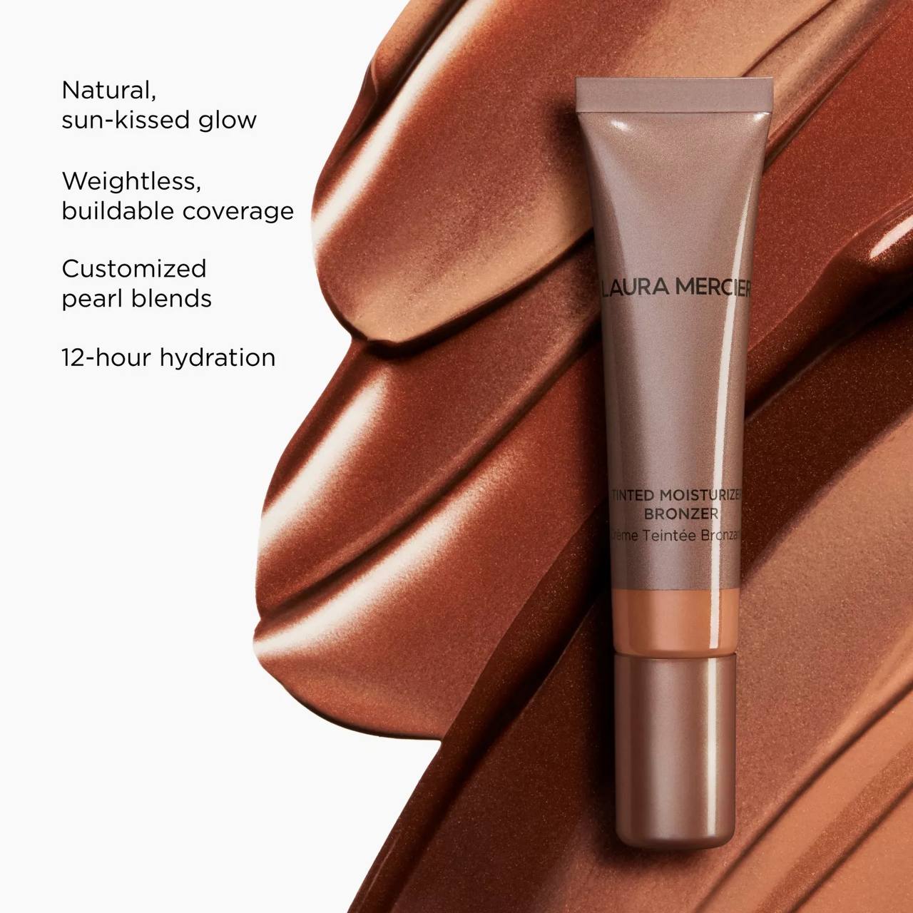 Laura Mercier bronzer tube on a brown swatch with product features listed. Laura Mercier Monza Outlet