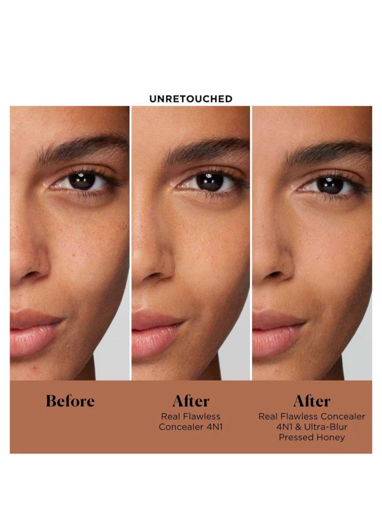 Before and after comparison of a concealer application on a person's face. monza outlet, Shein outlet, monza fashion