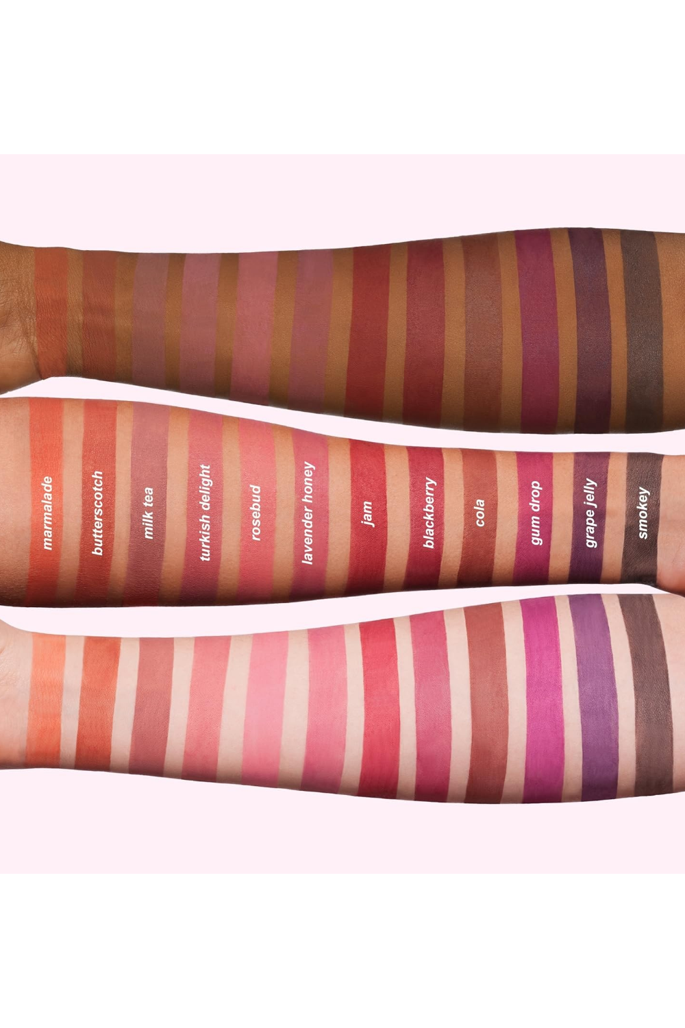 Color swatches on striped tights with labeled colors. Monza fashion outlet, monza outlet, shein outlet, shien outlet cosmetics, makeup, perfume