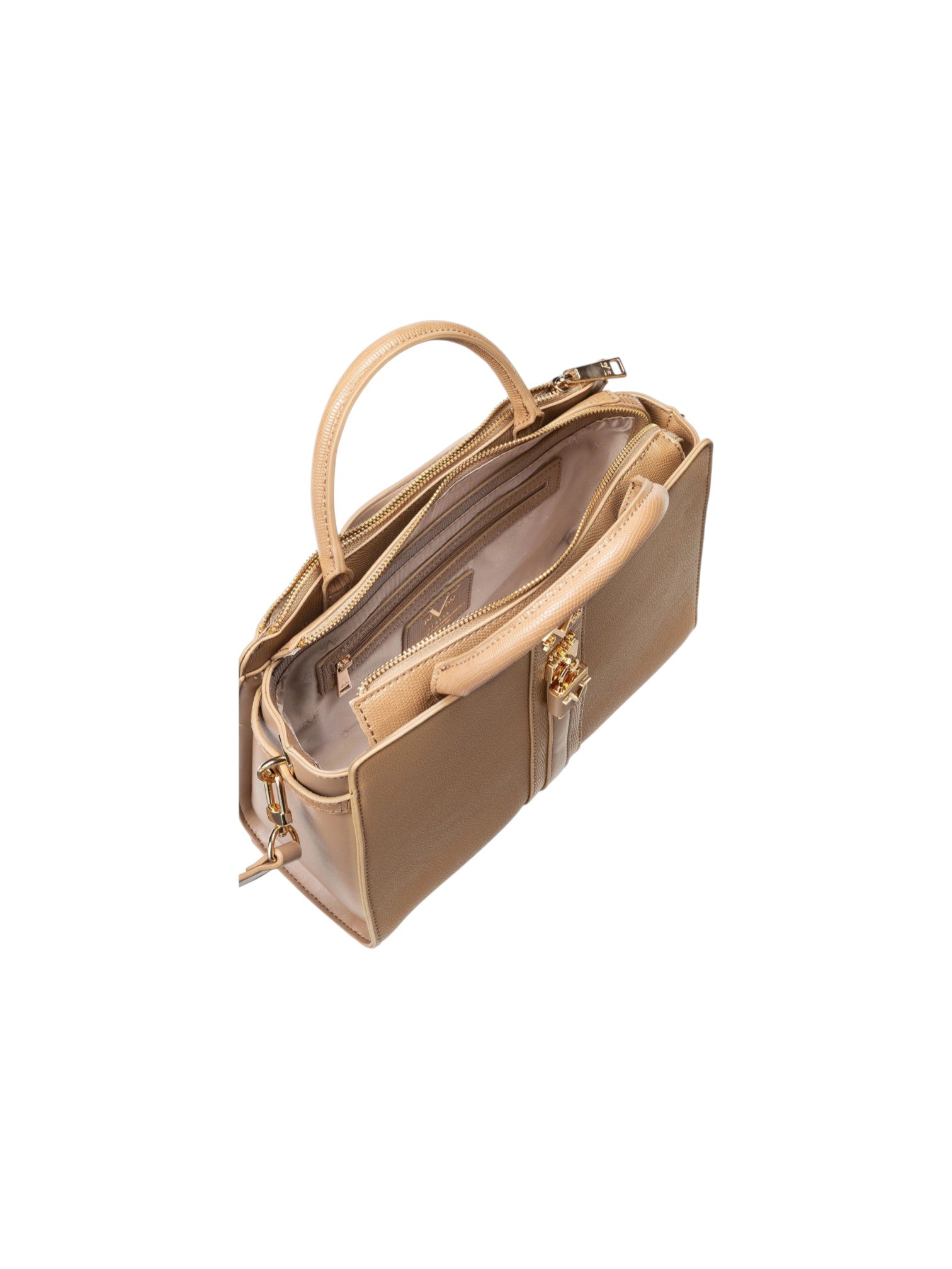 A structured tan leather handbag shown from an overhead angle, featuring a top handle, zip around closure, and gold tone hardware on a plain white background. 19V69 Italia, Monza Outlet, Monza Fashion, Shein Outlet