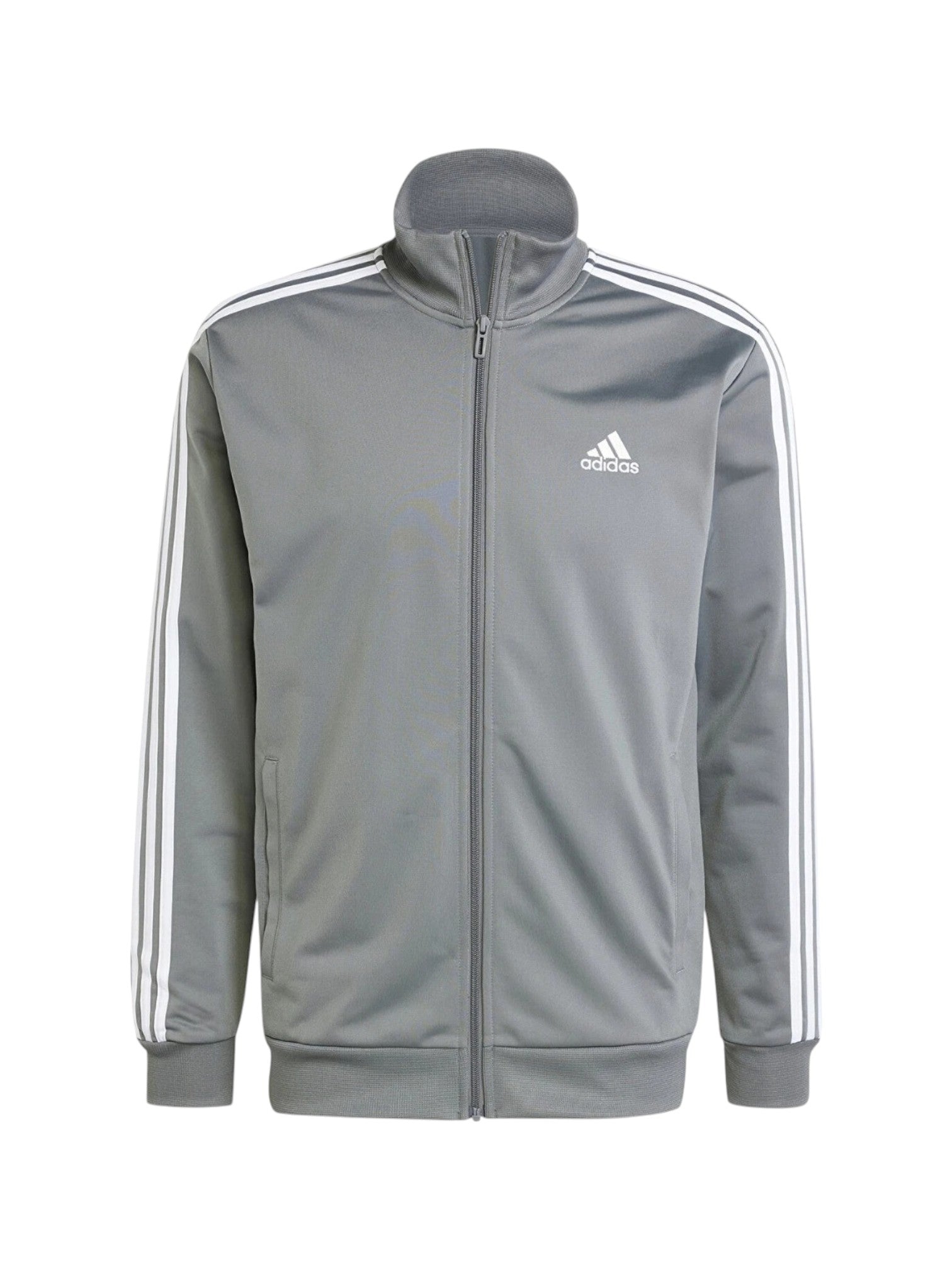 Gray Adidas jacket with white stripes on a white background. Adidas, Monza Outlet, Monza Fashion, Shein Outlet