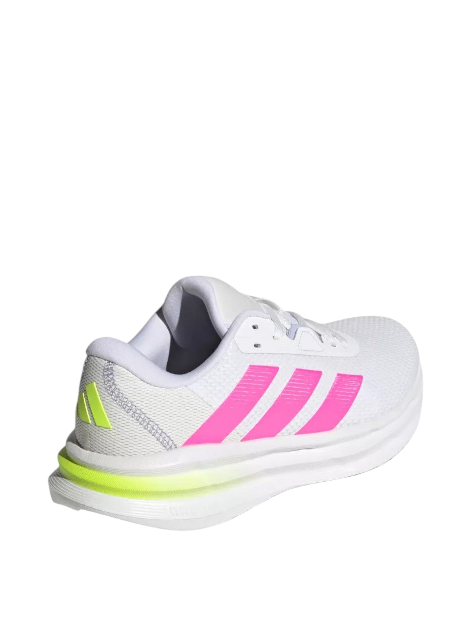 White running shoe with pink stripes on a white background. Adidas, Monza Outlet, Monza Fashion, Shein Outlet