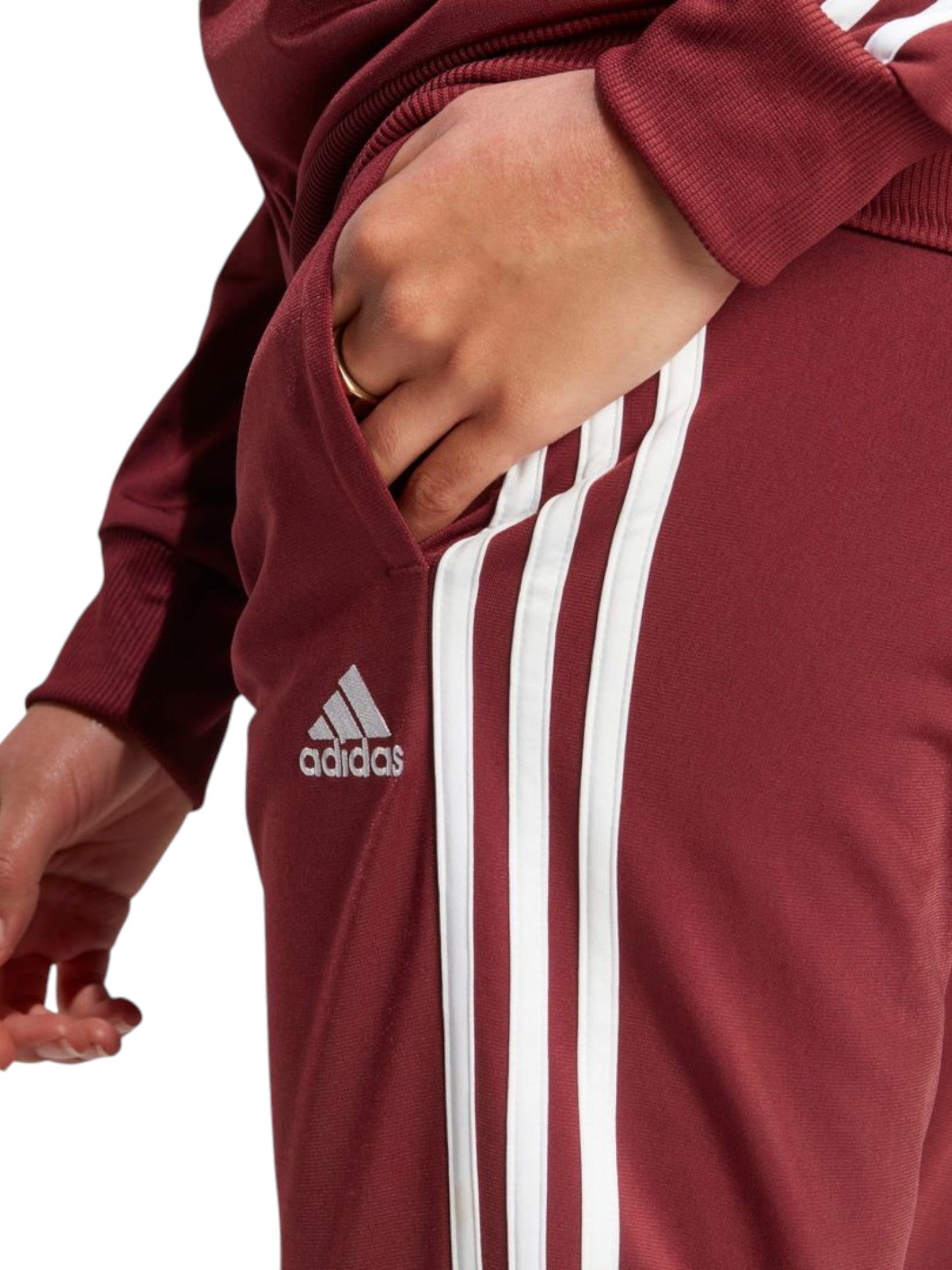 Maroon Adidas tracksuit with white stripes on a white background. Adidas, Monza Outlet, Monza Fashion, Shein Outlet
