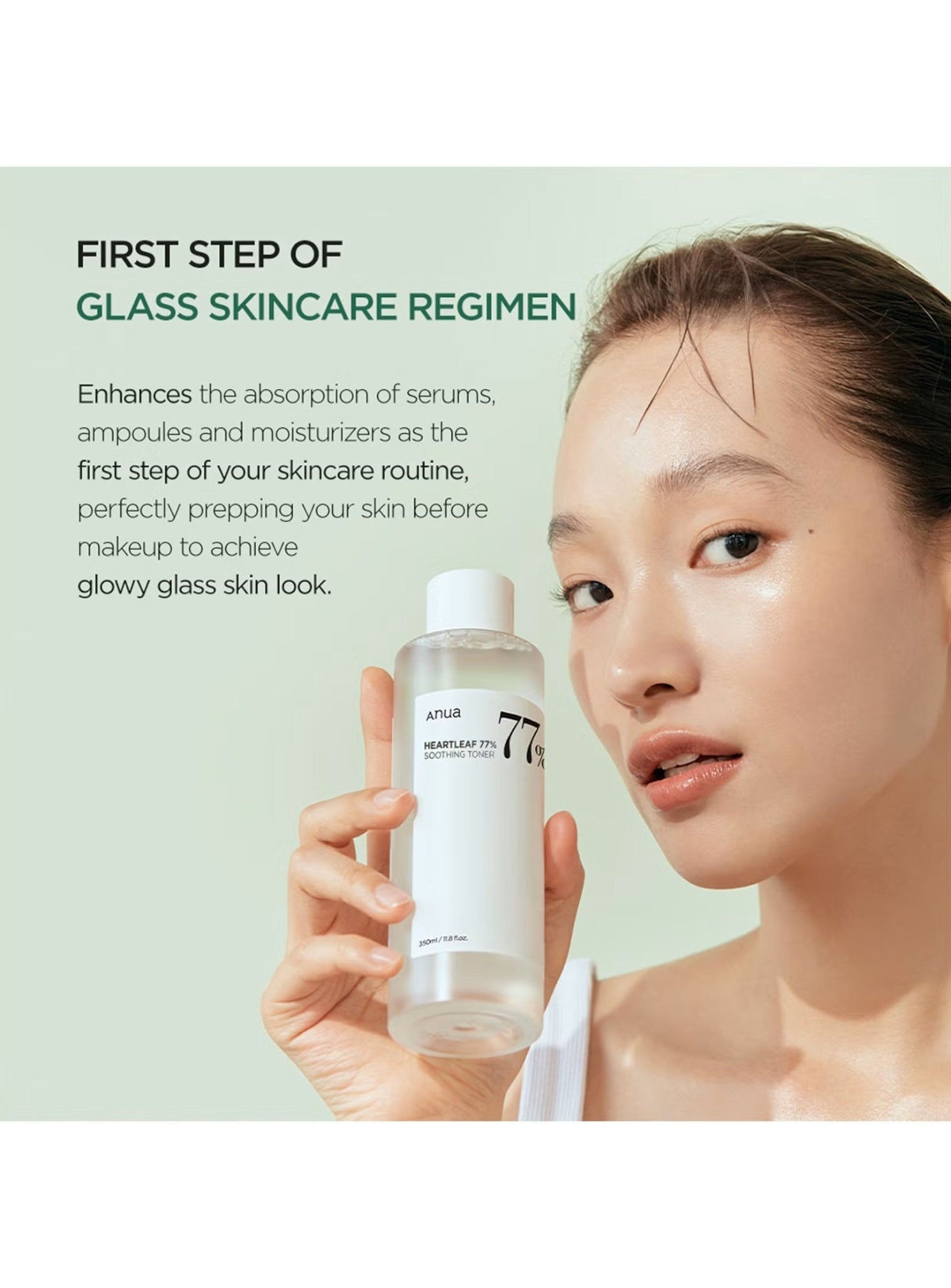 Woman holding a skincare product with text about a glass skincare regimen on a light green background. Anua, Monza Outlet, Monza Fashion, Shein Outlet