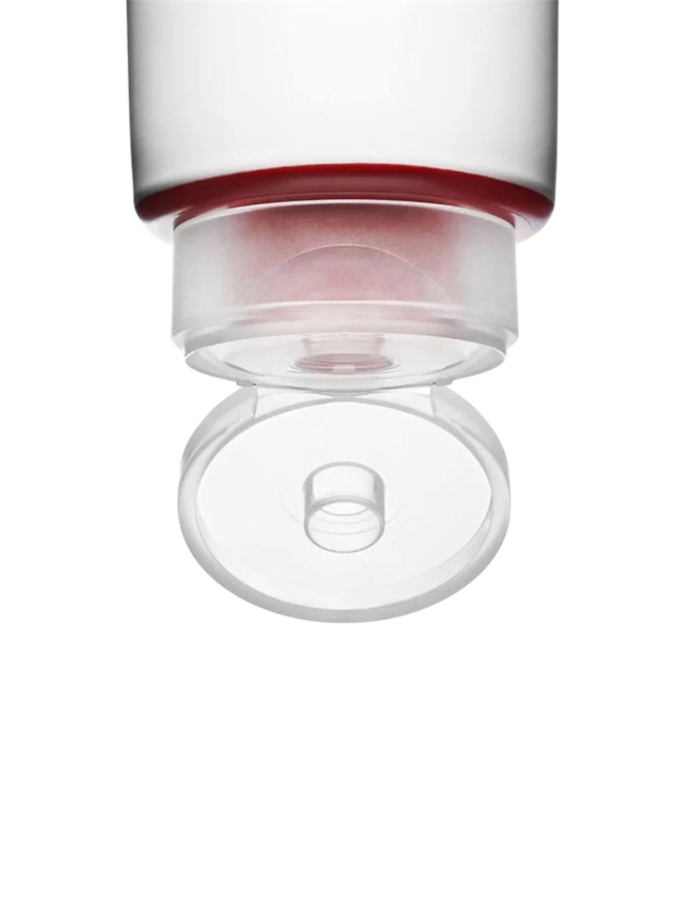 Close-up of a white and red cylindrical container with a clear lid on a white background. Clarins, Monza Outlet, Monza Fashion, Shein Outlet