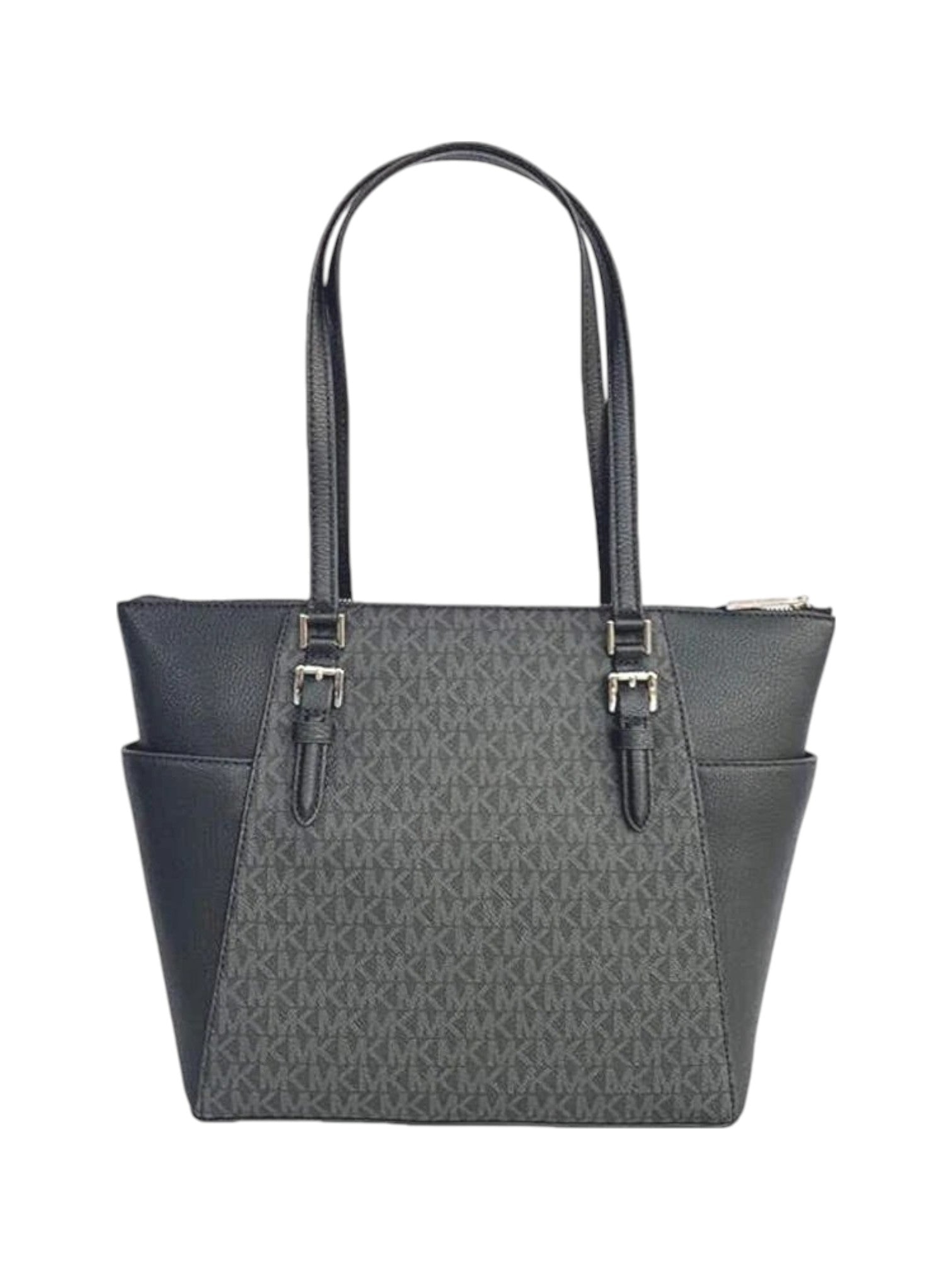 Gray and black handbag with a logo pattern on a white background Michael Kors Monza Outlet