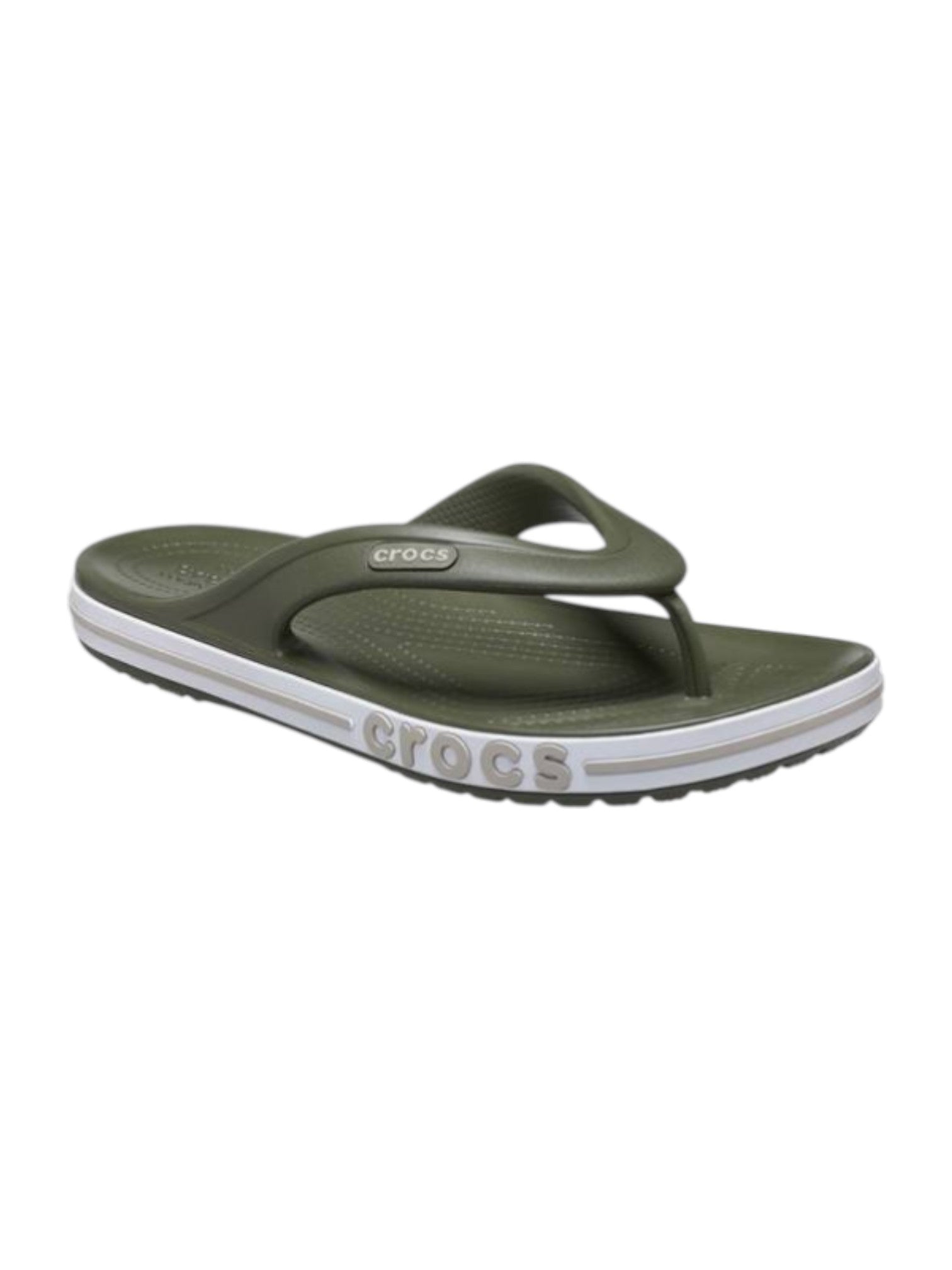 Green flip-flop sandal with white sole on a white background. Crocs, Monza Outlet, Monza Fashion, Shein Outlet