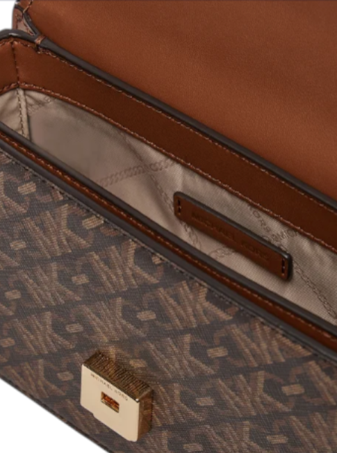 Close-up of a brown and beige handbag with a visible brand logo. monza outlet, Shein outlet, monza fashion