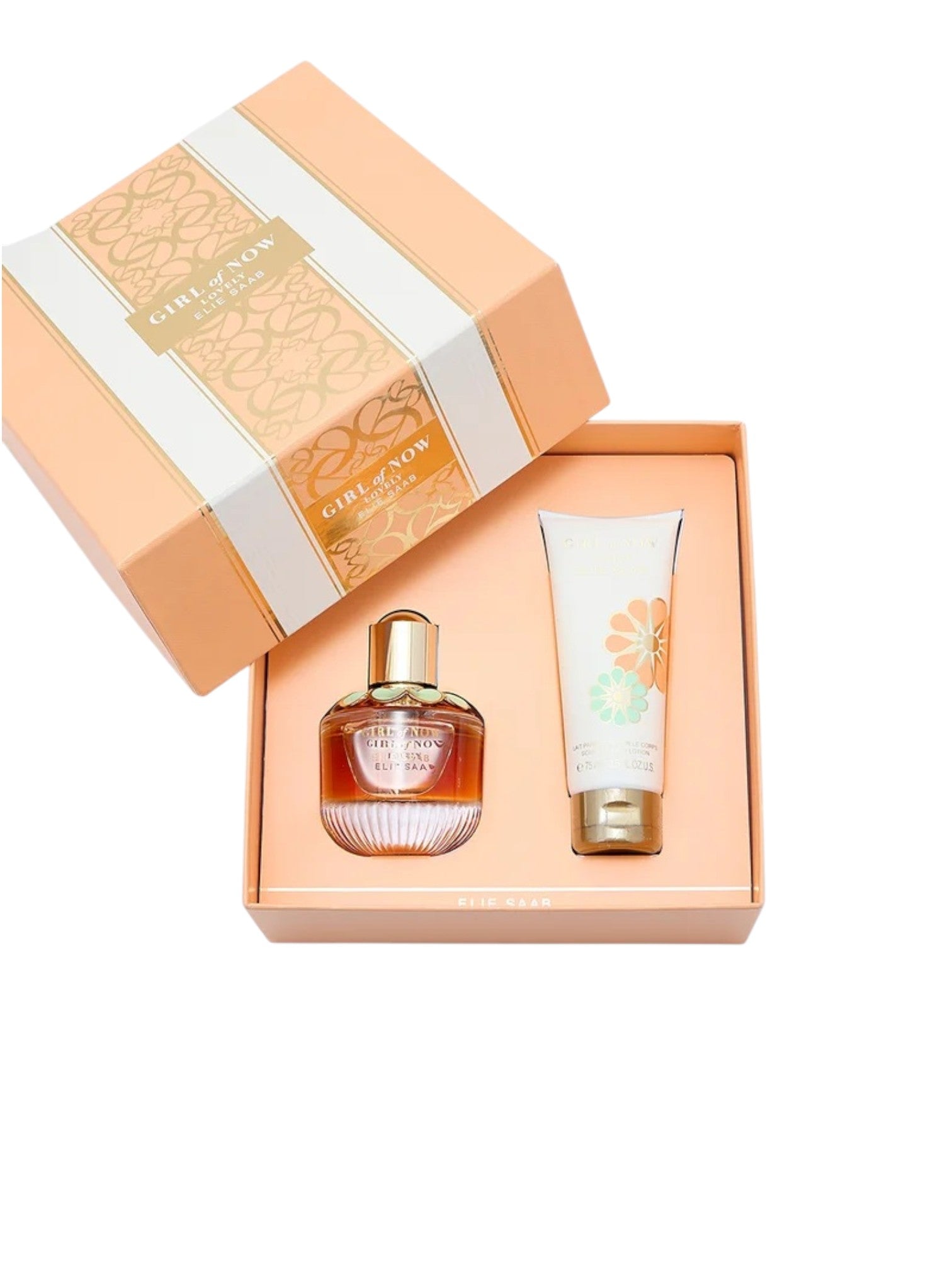 Cosmetic set with perfume and cream in an open box on a white background. Elie Saab, Monza Outlet, Monza Fashion, Shein Outlet