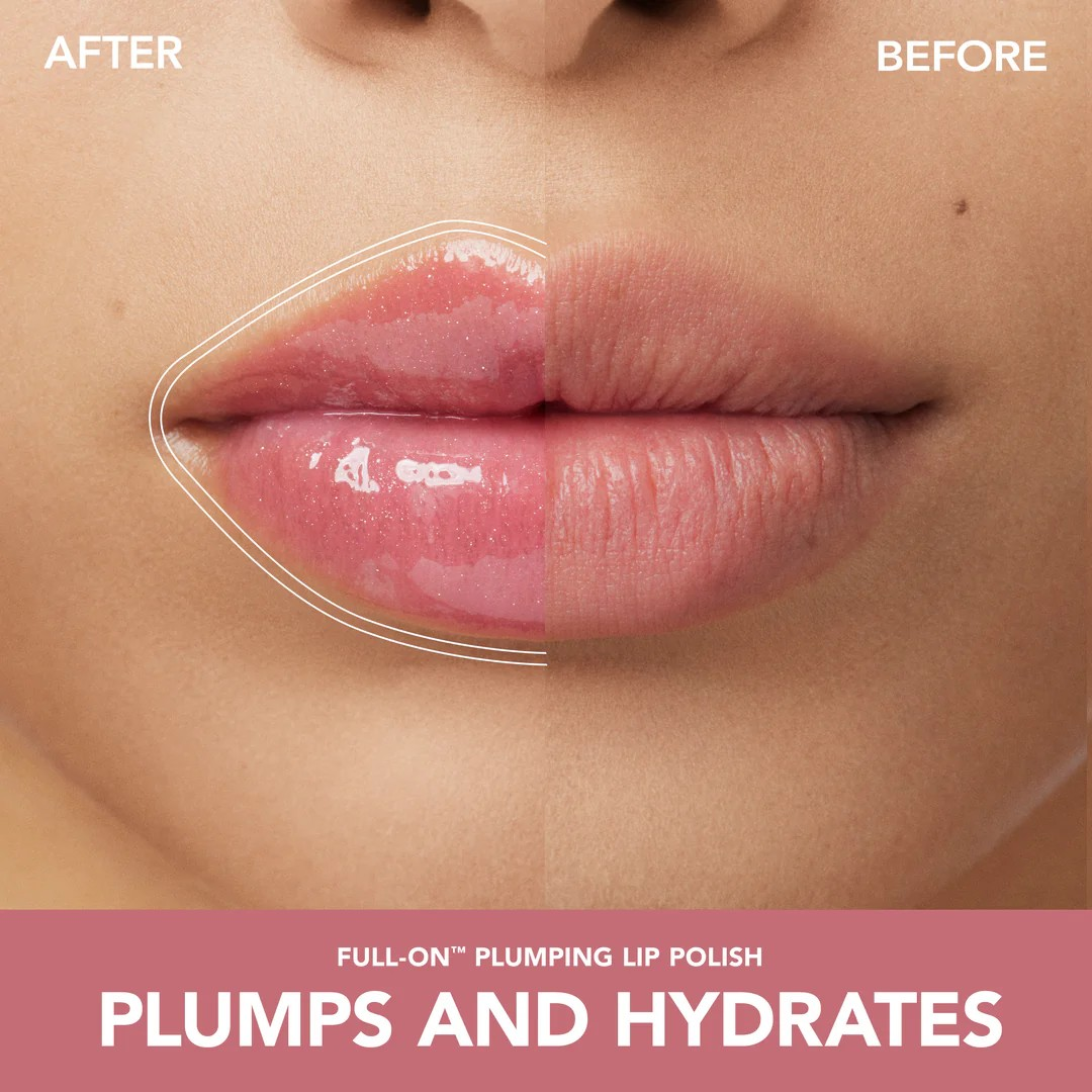Before and after comparison of plumping lip polish on lips with text indicating product benefits. Monza fashion outlet, monza outlet, shein outlet, shien outlet cosmetics, makeup, perfume