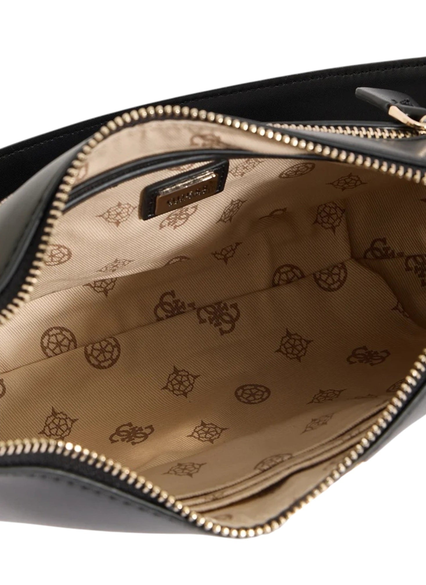 Open handbag showing interior with brand logo pattern on a white background. Guess, Monza Outlet, Monza Fashion, Shein Outlet