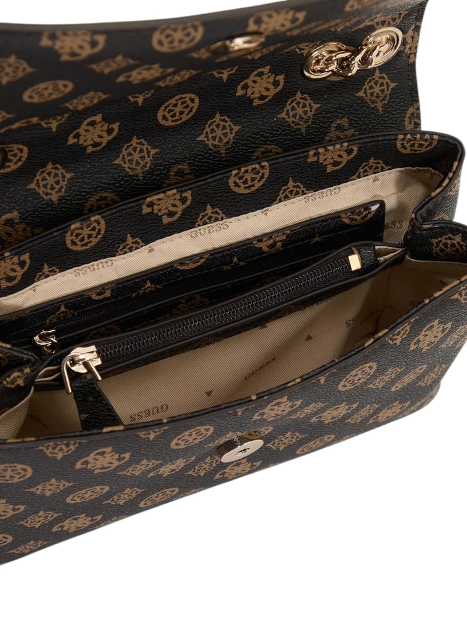 Black handbag with gold pattern and Guess logo on a white background. Guess, Monza Outlet, Monza Fashion, Shein Outlet