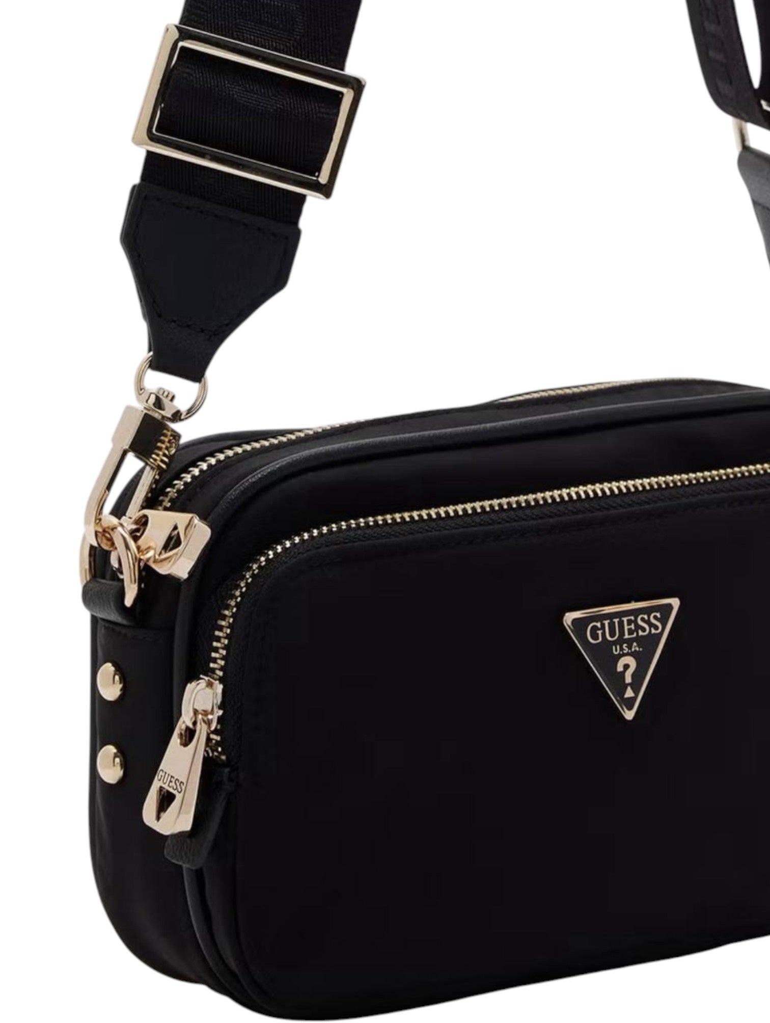 Black handbag with gold accents and Guess logo on a white background. Guess, Monza Outlet, Monza Fashion, Shein Outlet